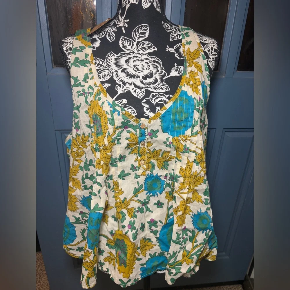 NWT- Savannah Cotton Sleeveless Top - Ochre Leafy Floral - Picture 7 of 13